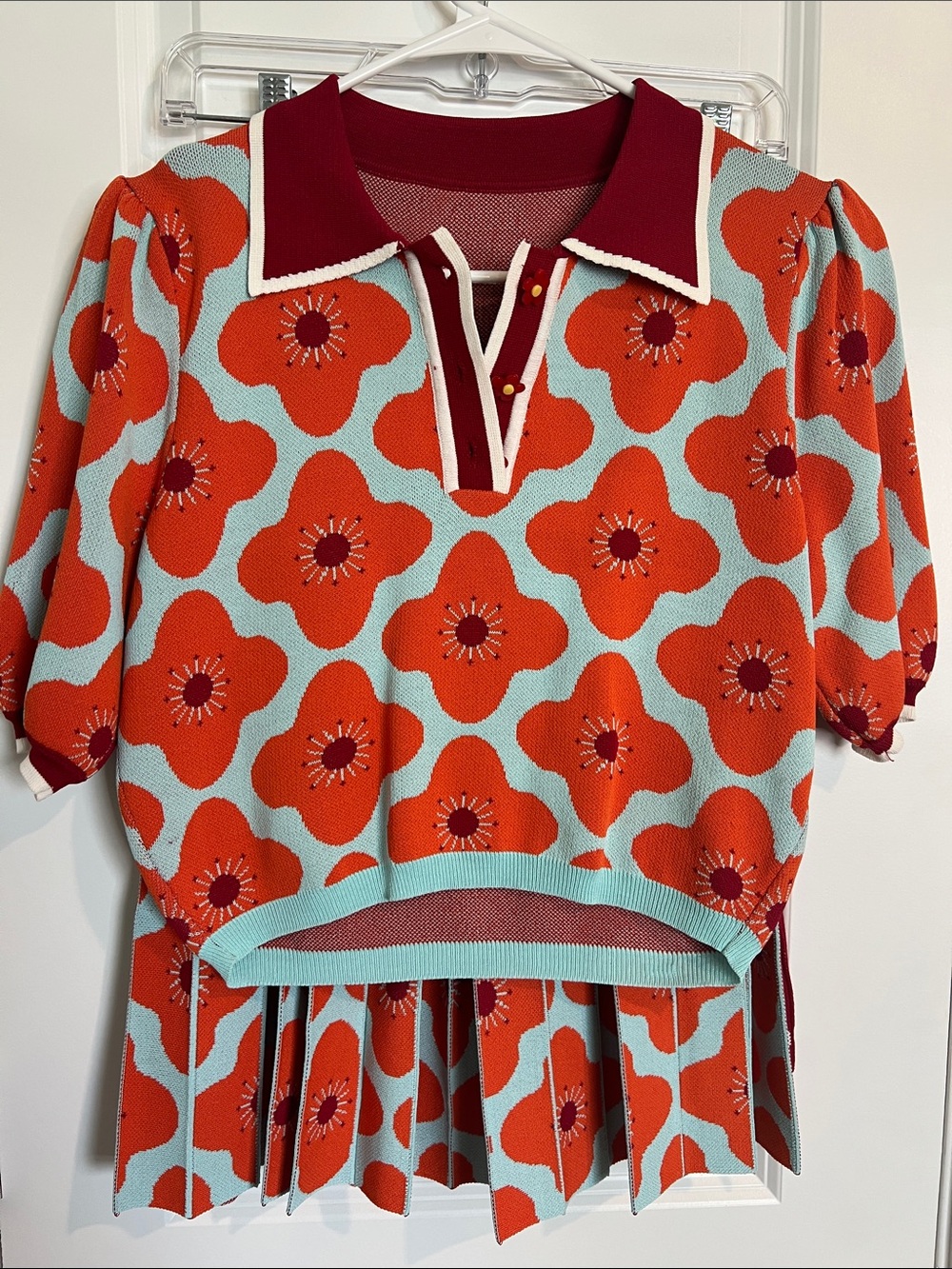 Floral A-Line Knit Skirt in Orange and Aqua